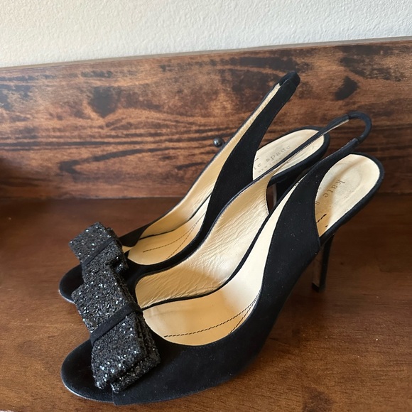 Kate Spade Size 9 Black Slingback Heels with Sparkle Bows on Peep Toes - Picture 4 of 7